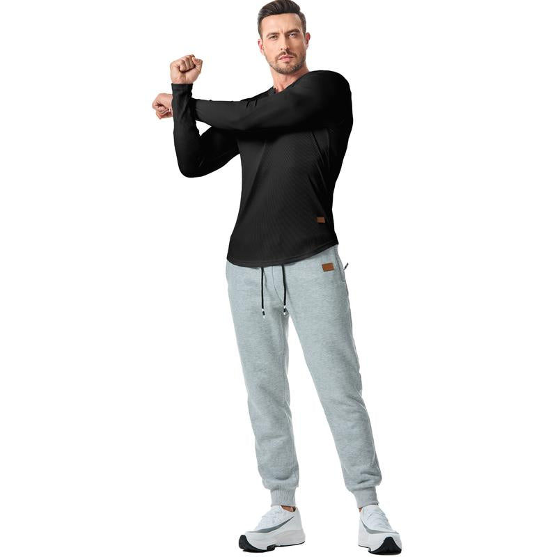 V-Neck Longline Ribbed Tees Shirts Long Sleeve Gym Workout Athletic Menswear Tops