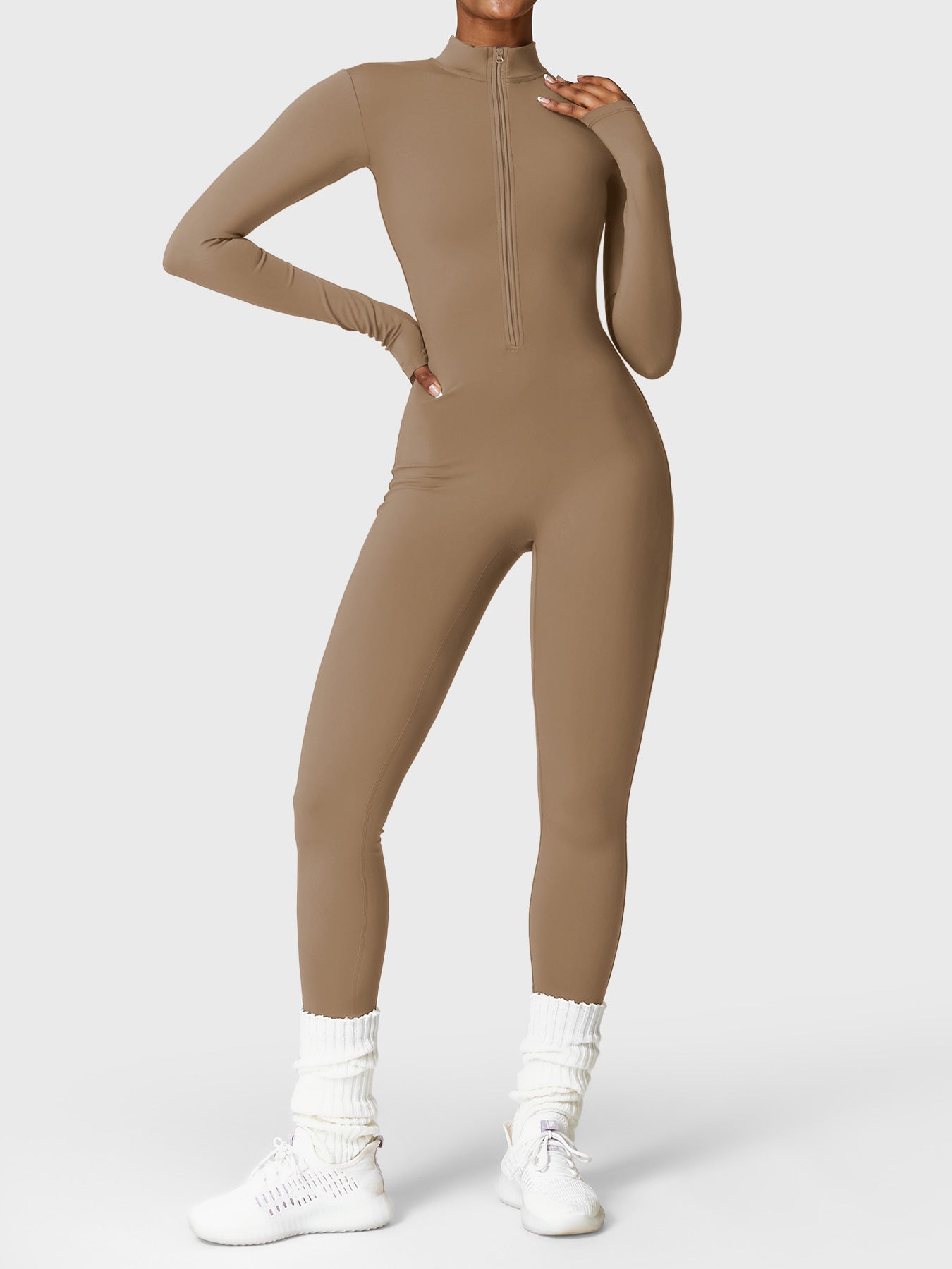 Yeoreo Belle Fleece Long Sleeve Zipper Jumpsuit Brown XL